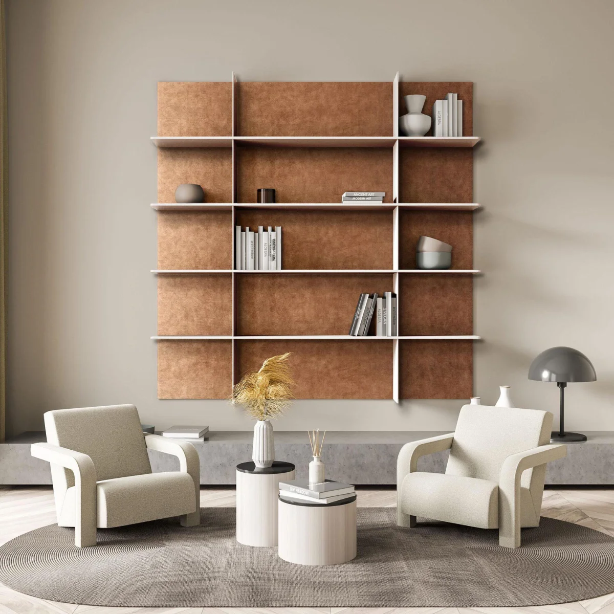 SIBU Design decorative laminate LL Leguan Copper, on a bookshelf as a backing.